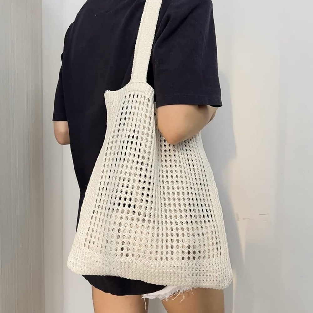 KNIT CROCHET CREAM SHOULDER TOTE BAG PURSE